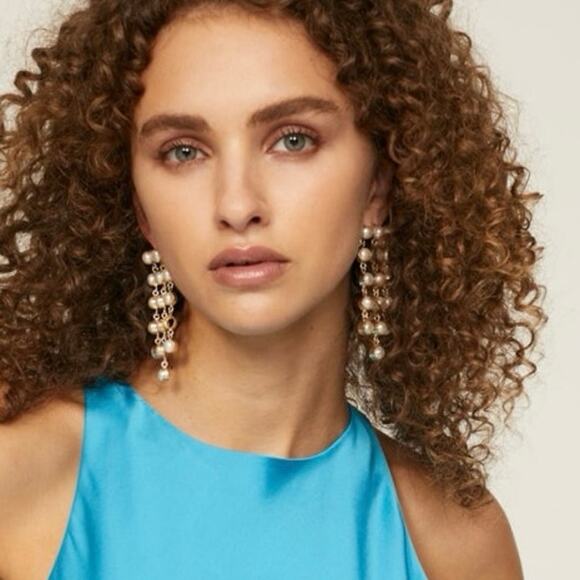 SHASHI Naya White Pearl Designer Dangle Three Triple Row Drop Earrings - Picture 8 of 14